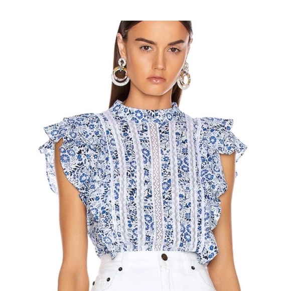 Veronica Beard White and Blue Floral print Mock neck Ruffle Blouse - Picture 2 of 12